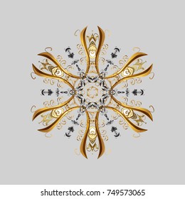 Fine snowflake. Abstract winter gray, brown and beige ornament. Round vector snowflake. Vector illustration. Isolated cute snowflakes on colorful background.