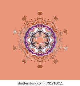 Fine snowflake. Abstract winter neutral, brown and purple ornament. Round vector snowflake. Vector illustration. Isolated cute snowflakes on colorful background.