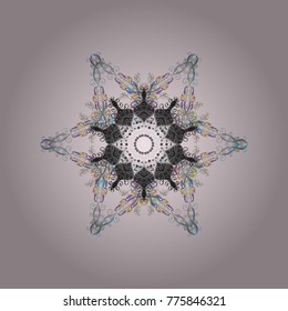 Fine snowflake. Abstract winter neutral, gray and beige ornament. Isolated cute snowflakes on colorful background. Round vector snowflake. Vector illustration.