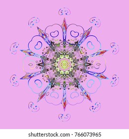 Fine snowflake. Abstract winter pink, gray and blue ornament. Round vector snowflake. Vector illustration. 