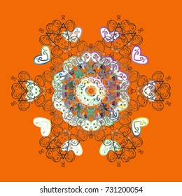 Fine snowflake. Isolated cute snowflakes on colorful background. Vector illustration. Round vector snowflake. Abstract winter orange, gray and white ornament.