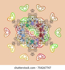 Fine snowflake. Isolated cute snowflakes on colorful background. Abstract winter beige, white and gray ornament. Vector illustration. Round vector snowflake.