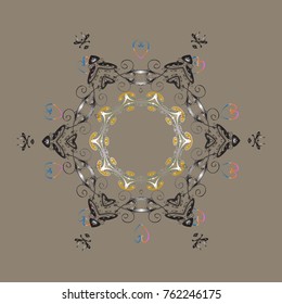 Fine snowflake. Isolated cute snowflakes on colorful background. Abstract winter beige, gray and yellow ornament. Vector illustration. Round vector snowflake.