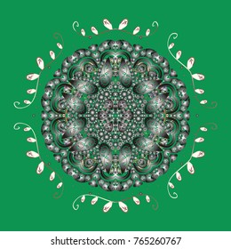 Fine snowflake. Isolated cute snowflakes on colorful background. Abstract winter green, gray and beige ornament. Vector illustration. Round vector snowflake.