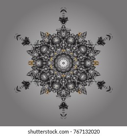 Fine snowflake. Isolated cute snowflakes on colorful background. Abstract winter gray and yellow ornament. Vector illustration. Round vector snowflake.