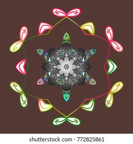 Fine snowflake. Isolated cute snowflakes on colorful background. Round vector snowflake. Abstract winter brown, gray and white ornament. Vector illustration.