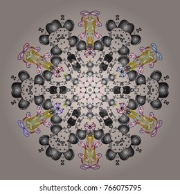 Fine snowflake. Round vector snowflake. Vector illustration. Abstract winter neutral, gray and white ornament. Isolated cute snowflakes on colorful background.