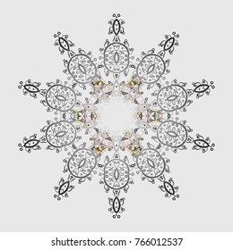 Fine snowflake. Vector illustration. Abstract winter gray, neutral and beige ornament. Round vector snowflake. Isolated cute snowflakes on colorful background.
