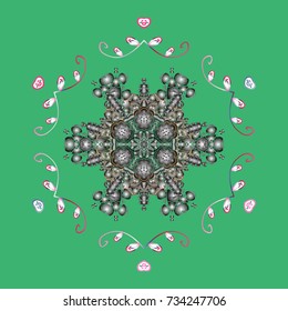 Fine snowflake. Vector illustration. Isolated cute snowflakes on colorful background. Abstract winter green, gray and white ornament. Round vector snowflake.