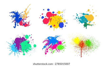 Fine spray paint splatters. Creative ink drop blot elements. Abstract artistic fluid splatter designs. Whimsical colorful liquid puddle vectors.
