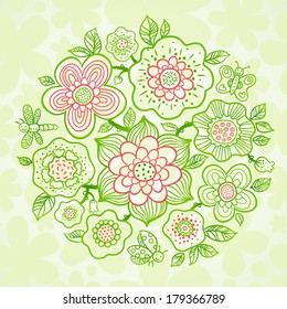 Fine spring bouquet with butterfly, dragonfly and ladybug. 