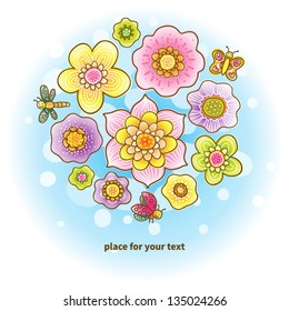 Fine summer bouquet with butterfly, dragonfly and  ladybug . It can be used for decorating of invitations, cards and decoration for bags. You can place your text in the empty frame.