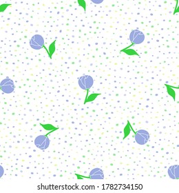 Buen patrón floral de verano. Cables azules con hojas y puntos multicolores sobre un fondo blanco. Diseño de textura vectorial sin inconvenientes para tela, papel envolvente