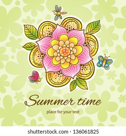Fine summer flower with butterfly, dragonfly and ladybug on a seamless background. It can be used for decorating of invitations, cards and decoration for bags.