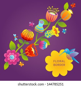Fine summer flowers with butterfly, dragonfly and humming-bird. It can be used for decorating of invitations, cards and decoration for bags.