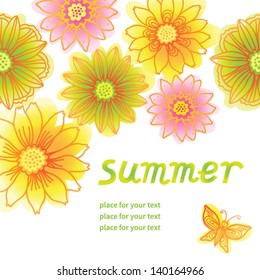 Fine summer flowers with butterfly. You can place your text in the empty place. It can be used for decorating of invitations, cards and decoration for bags.