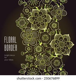 Fine summer vector border with butterfly. Line art floral edging on dark background. Green outline frieze. Decorative element for design, place for text. Lace pattern for invitations, greeting cards.