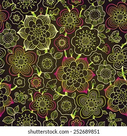 Fine summer vector pattern with butterfly. Line art flowers on dark background. Green and pink outline wallpaper. Vector vintage backdrop. Endless ornate texture. Bright contrast pattern fill.
