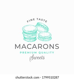 Fine Taste Macarons. Premium Quality Confectionary Abstract Sign, Symbol or Logo Template. Hand Drawn Cakes and Typography. Local Bakery Vector Emblem Concept. Isolated.