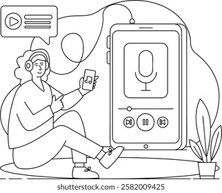 Fine Tuning Audio Experience vector design Micro Podcast slice-of-life journalism scene Web television series symbol vodcast stock, Girl wearing Headphones connected with Portable media player concept