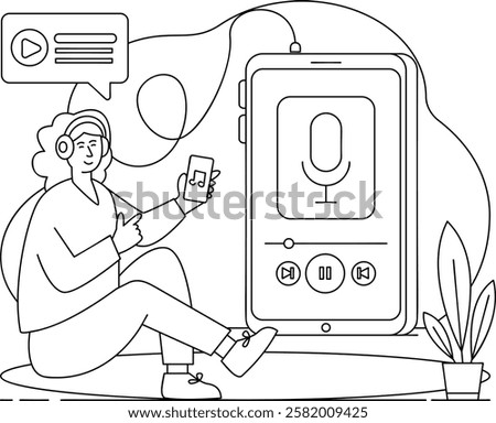 Fine Tuning Audio Experience vector design Micro Podcast slice-of-life journalism scene Web television series symbol vodcast stock, Girl wearing Headphones connected with Portable media player concept