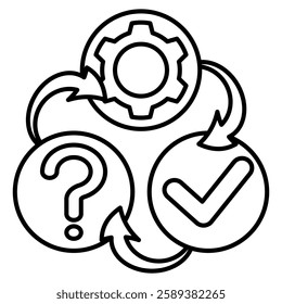 Fine Tuning icon represented by question mark, gear, check mark Line style.