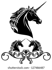 fine unicorn head decorative element - black and white vector illustration