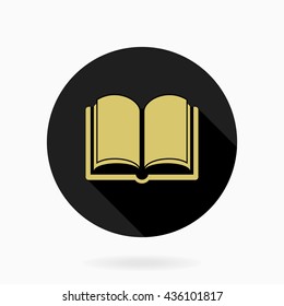 Fine vector book icon in the circle. Flat design and long shadow. Black and golden colors