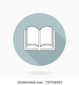 Fine vector book white icon in the circle. Flat design and long shadow