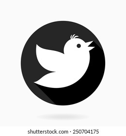 Fine vector flying white bird in black circle. Flat design and long shadow