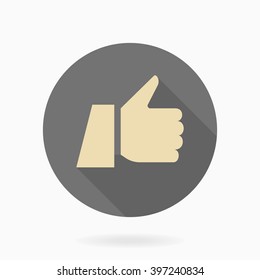 Fine vector golden icon with thumb up in the gray circle. Flat design with long shadow