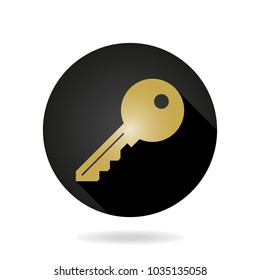 Fine vector golden key icon in the black circle. Flat design and long shadow