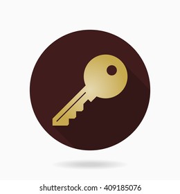 Fine vector golden key icon in the brown circle. Flat design and long shadow