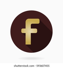 Fine vector golden letter F in the circle. Flat design and long shadow