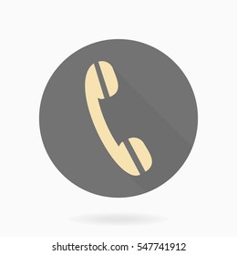 Fine vector golden telephone receiver in the circle. Flat design with long shadow