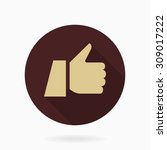 Fine vector icon with golden thumb up in brown circle. Flat design with long shadow