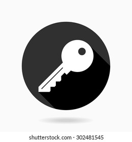 Fine vector key icon in the circle. Flat design and long shadow. Black and white colors