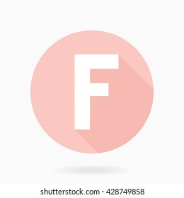 Fine vector letter F in the circle. Flat design and long shadow. Light pink and white colors
