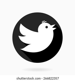 Fine vector light icon with flying bird in dark circle. Flat design with long shadow
