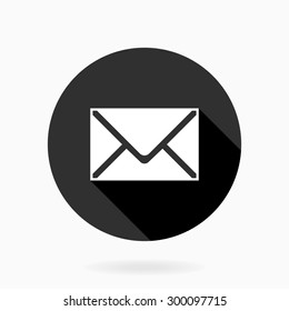 Fine vector mail icon for web. Flat design and long shadow. Black and white colors.