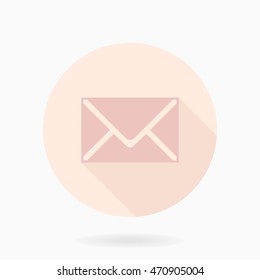 Fine vector pink mail icon in the circle. Flat design and long shadow
