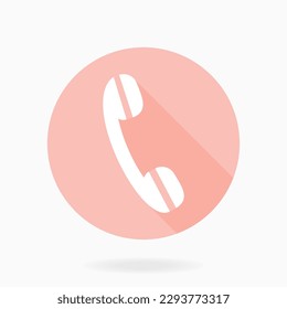 Fine vector pink and white telephone receiver in the circle. Flat design with long shadow