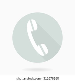 Fine vector white telephone receiver in the light blue circle. Flat design with long shadow