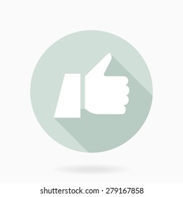 Fine vector white thumb up icon in light blue circle with shadow. Flat Style