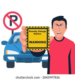 Fine for violation of parking. The driver holds a coupon in the hands of violation. Not parking. No car sign. Parking prohibiter symbol. Vector illustration flat design. Isolated on white background.