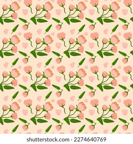 Fine wallpaper with seamless pattern and spring blooming flowers colored in organic pink drawing in flat style vector
