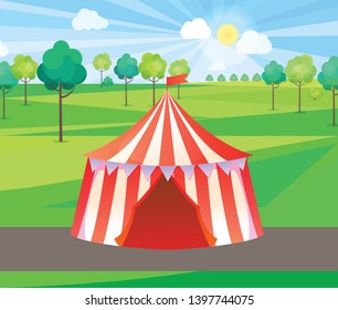 Fine weather at amusement park vector, tent with stripes decorated with flags, spring entertainment and relaxation. Place to see tricks, circus in forest