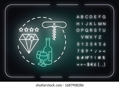 Fine wine neon light concept icon. Vintage alcohol drink, premium quality winemaking idea. Outer glowing sign with alphabet, numbers and symbols. Beverage aging. Vector isolated RGB color illustration