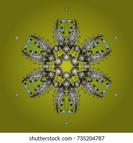 Fine winter ornament. Isolated of vector yellow, gray and green snowflakes. Vector illustration. Snowflakes collection.