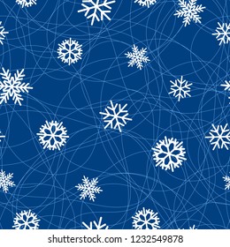 Fine winter seamless pattern. Random flying white snowflakes and entangled continuous blue thin lines on navy background. Vector illustration for textile wrapping paper package scrapbook new year gift